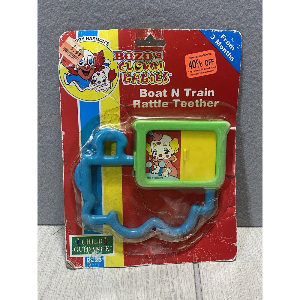 Vintage Remco Baby 1992 Bozo The Clown Boat Train Teether Rattle Green Red